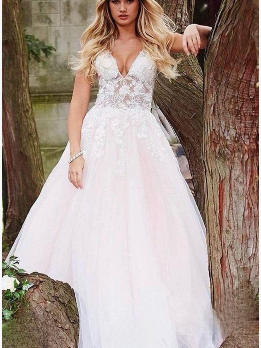 Jovani Blush Pink Tulle Gown with Off-White Floral Lace Appliqué - Picture 3 of 5